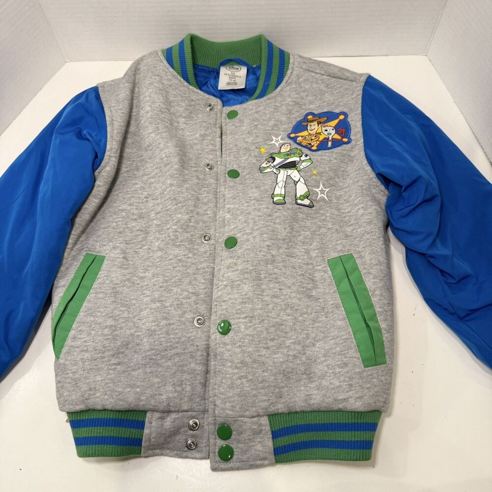 Disney Toy Story 4 Boys Size 5/6 Varsity Jacket Woody Buzz Forky Blue Green Gray